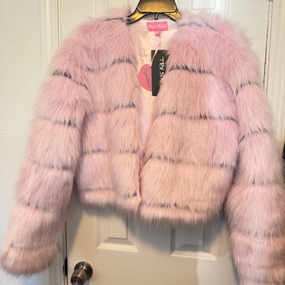Sugar Thrillz Pink Cropped Faux Fur Jacket with gray Stripes Size 2X